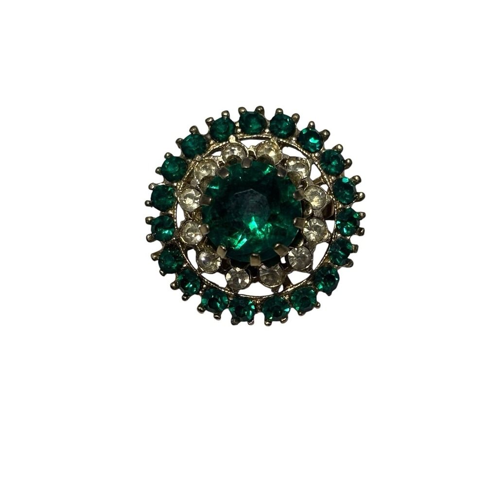 Vintage GoldTone Emerald Green Colored Rhinestone Cluster Round Small Brooch Pin